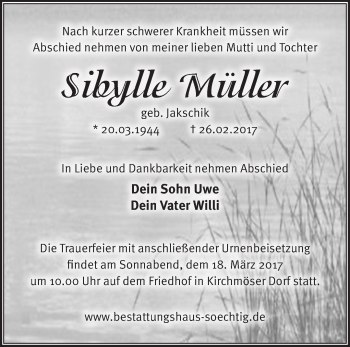 Traueranzeige von Sibylle Müller von Märkische Oderzeitung