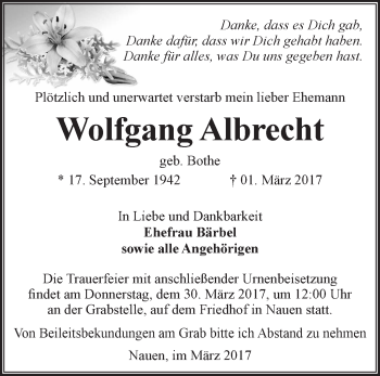 Traueranzeige von Wolfgang Albrecht von Märkische Oderzeitung