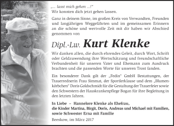 Traueranzeige von Kurt Klenke von Märkische Oderzeitung