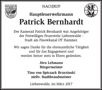 Traueranzeige von Patrick Bernhardt von Märkische Oderzeitung