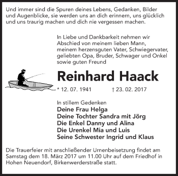 Traueranzeige von Reinhard Haack von Märkische Oderzeitung