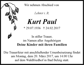 Traueranzeige von Kurt Paul von Märkische Oderzeitung