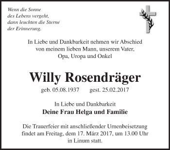 Traueranzeige von Willy Rosendräger von Märkische Oderzeitung