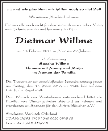 Traueranzeige von Dietmar Willme von Märkische Oderzeitung