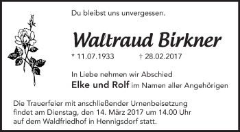 Traueranzeige von Waltraud Birkner von Märkische Oderzeitung