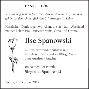 Traueranzeige von Ilse Spanowski von Märkische Oderzeitung