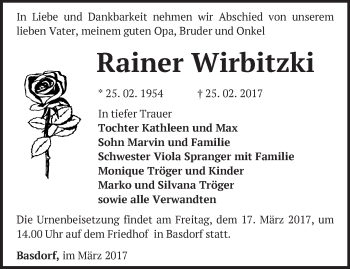 Traueranzeige von Rainer Wirbitzki von Märkische Oderzeitung