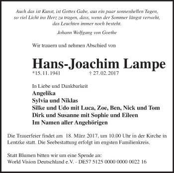 Traueranzeige von Hans-Joachim Lampe von Märkische Oderzeitung