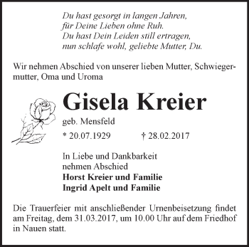 Traueranzeige von Gisela Kreier von Märkische Oderzeitung