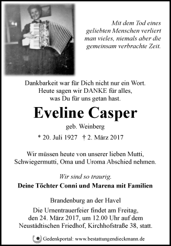 Traueranzeige von Eveline Casper von Märkische Oderzeitung