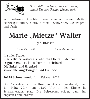 Traueranzeige von Marie Mietze Walter von Märkische Oderzeitung