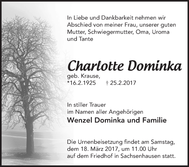  Traueranzeige für Charlotte Dominka vom 11.03.2017 aus Märkische Oderzeitung