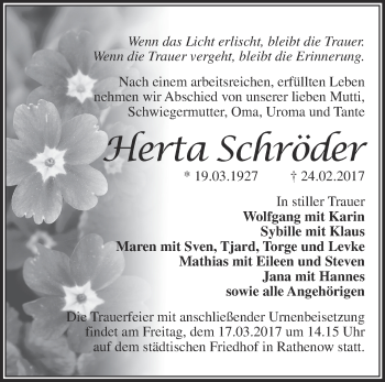 Traueranzeige von Herta Schröder von Märkische Oderzeitung