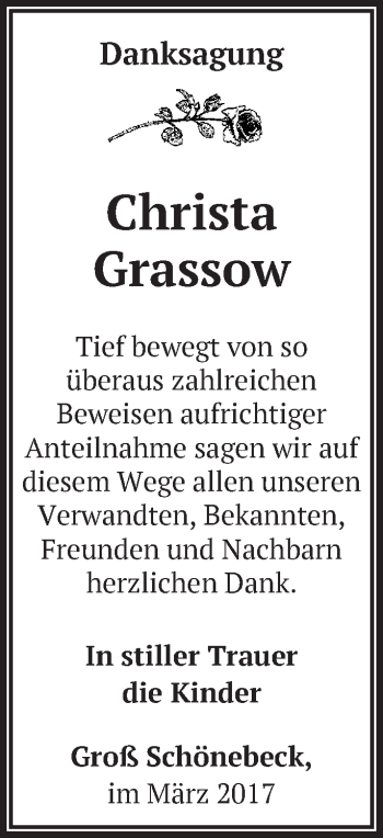 Traueranzeige von Christa Grassow von Märkische Oderzeitung