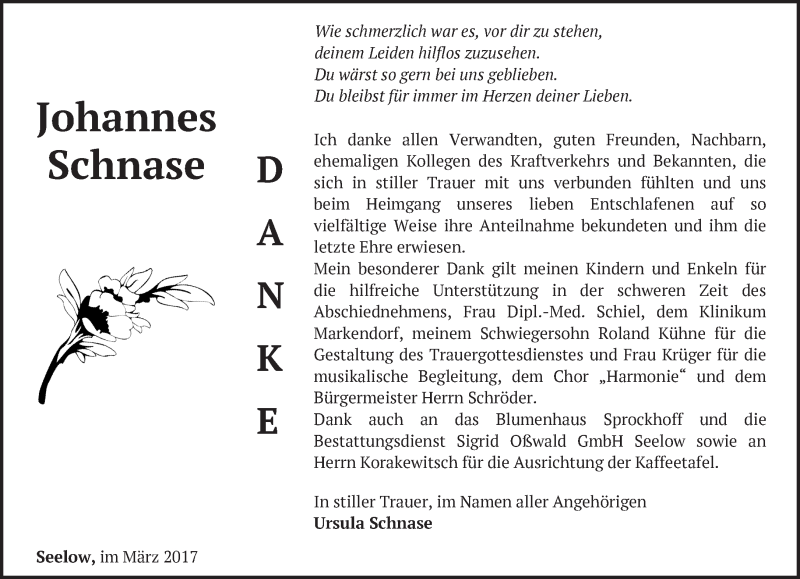  Traueranzeige für Johannes Schnase vom 12.03.2017 aus Märkische Oderzeitung