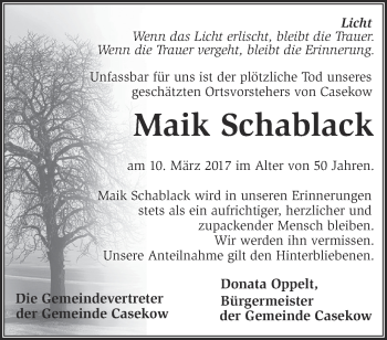 Traueranzeige von Maik Schablack von Märkische Oderzeitung