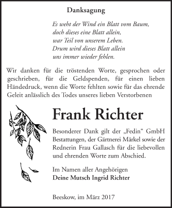 Traueranzeige von Frank Richter von Märkische Oderzeitung