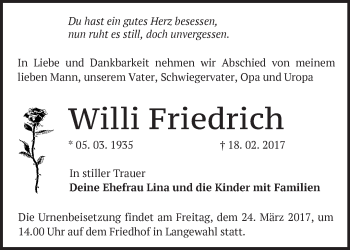 Traueranzeige von Willi Friedrich von Märkische Oderzeitung