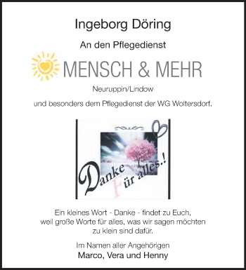 Traueranzeige von Ingeborg Döring von Märkische Oderzeitung