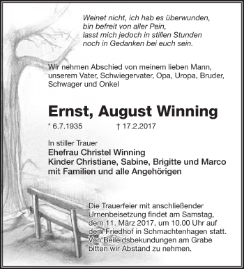 Traueranzeige von Ernst August Winning von Märkische Oderzeitung