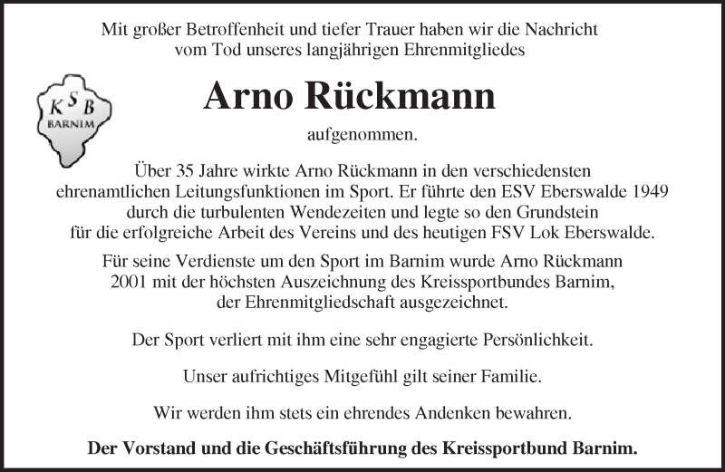  Traueranzeige für Arno Rückmann vom 05.03.2017 aus Märkische Oderzeitung