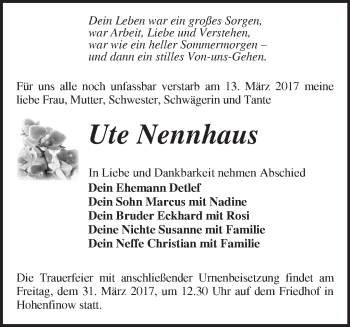 Traueranzeige von Ute Nennhaus von Märkische Oderzeitung