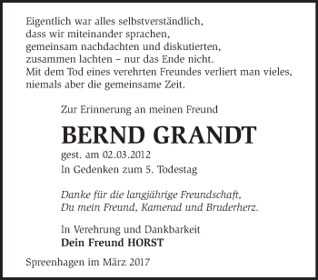 Traueranzeige von Bernd Grandt von Märkische Oderzeitung