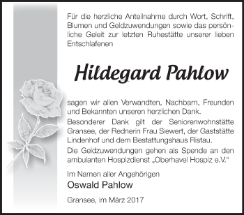 Traueranzeige von Hildegard Pahlow von Märkische Oderzeitung