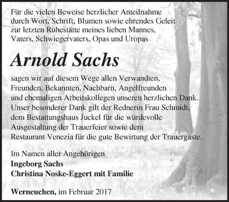  Traueranzeige für Arnold Sachs vom 04.03.2017 aus Märkische Oderzeitung