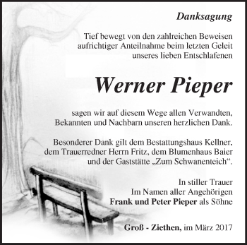 Traueranzeige von Werner Pieper von Märkische Oderzeitung