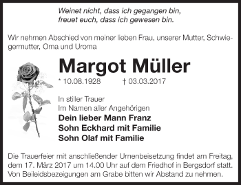 Traueranzeige von Margot Müller von Märkische Oderzeitung