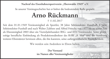 Traueranzeige von Arno Rückmann von Märkische Oderzeitung