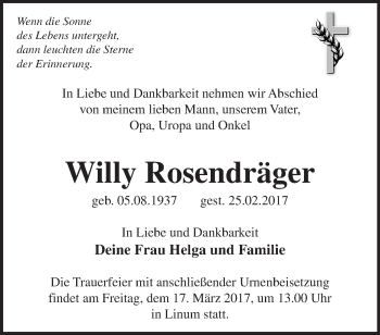 Traueranzeige von Willy Rosendräger von Märkische Oderzeitung