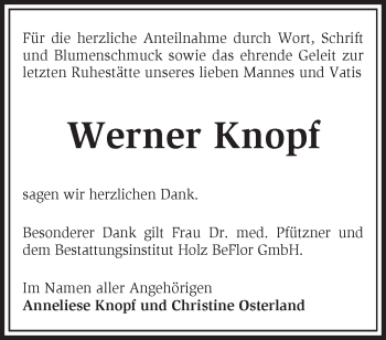 Traueranzeige von Werner Knopf von Märkische Oderzeitung