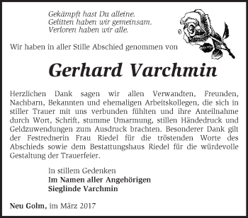 Traueranzeige von Gerhard Varchmin von Märkische Oderzeitung