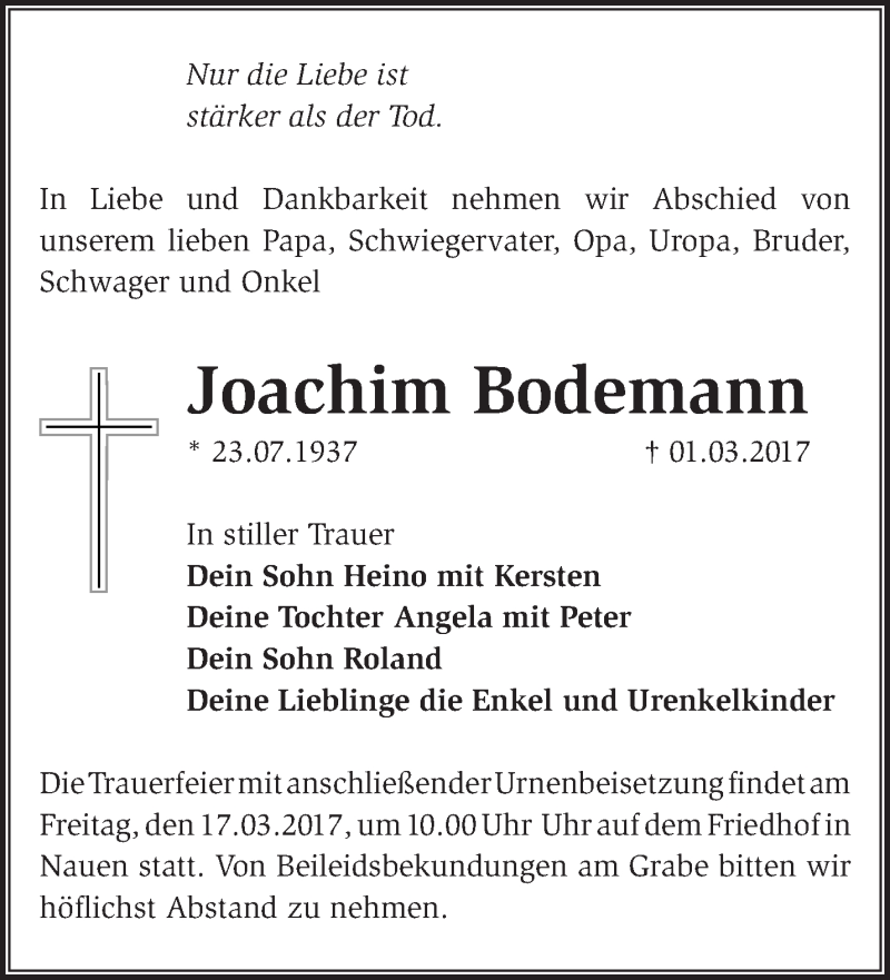 Traueranzeige für Joachim Bodemann vom 12.03.2017 aus Märkische Oderzeitung