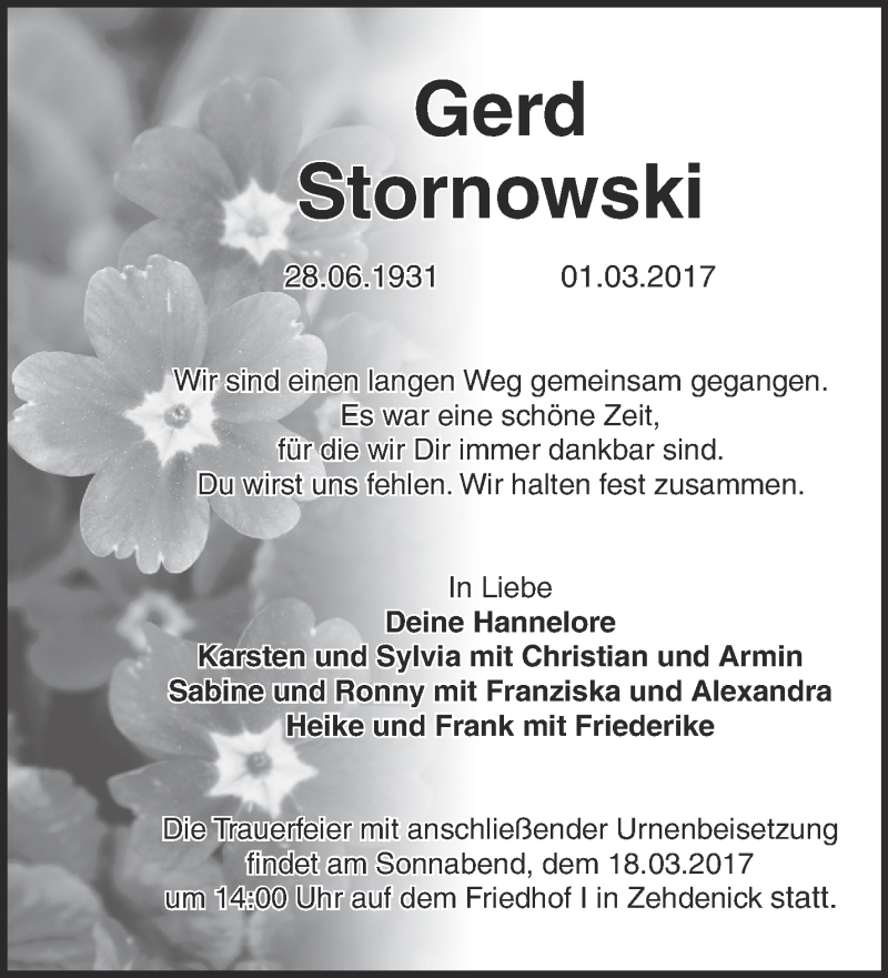  Traueranzeige für Gerd Stornowski vom 11.03.2017 aus Märkische Oderzeitung