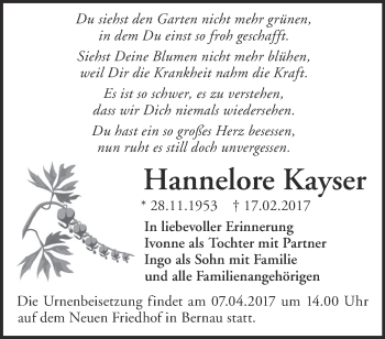 Traueranzeige von Hannelore Kayser von Märkische Oderzeitung