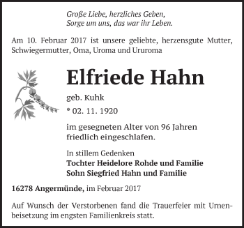 Traueranzeige von Elfriede Hahn von Märkische Oderzeitung