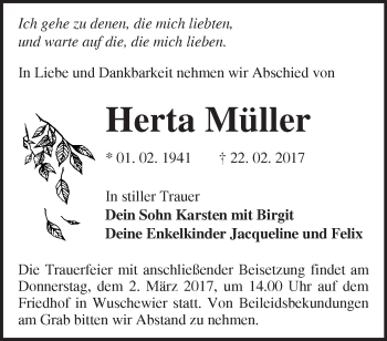 Traueranzeige von Herta Müller von Märkische Oderzeitung