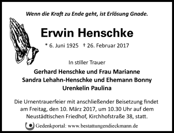 Traueranzeige von Erwin Henschke von Märkische Oderzeitung