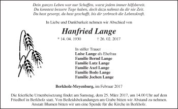 Traueranzeige von Hanfried Lange von Märkische Oderzeitung