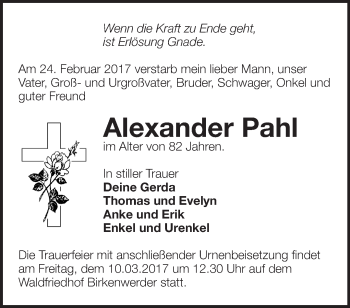 Traueranzeige von Alexander Pahl von Märkische Oderzeitung