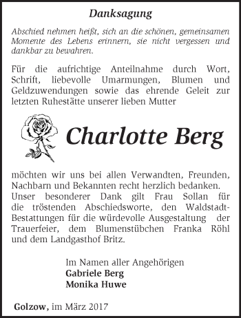 Traueranzeige von Charlotte Berg von Märkische Oderzeitung