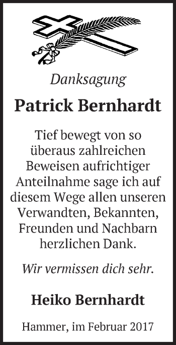 Traueranzeige von Patrick Bernhardt von Märkische Oderzeitung