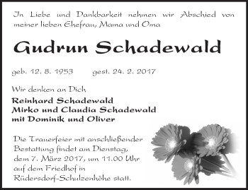 Traueranzeige von Gudrun Schadewald von Märkische Oderzeitung