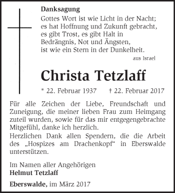 Traueranzeige von Christa Tetzlaff von Märkische Oderzeitung