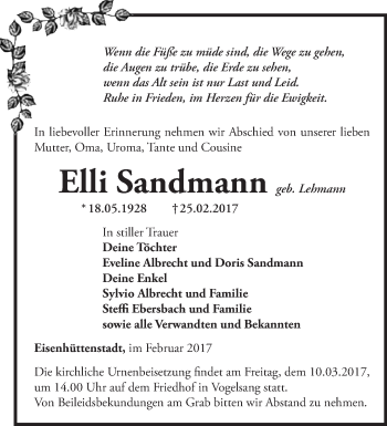 Traueranzeige von Elli Sandmann von Märkische Oderzeitung