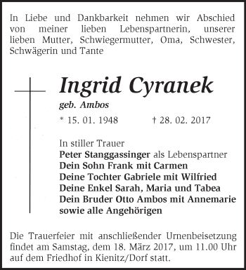 Traueranzeige von Ingrid Cyranek von Märkische Oderzeitung