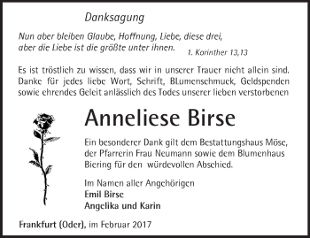 Traueranzeige von Anneliese Birse von Märkische Oderzeitung